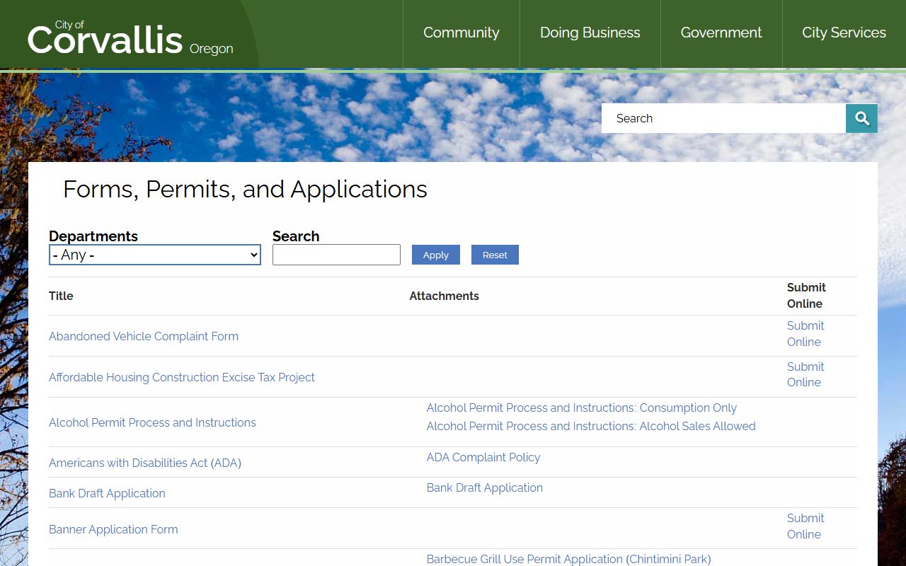 Corvallis online forms and permits portal for public records
