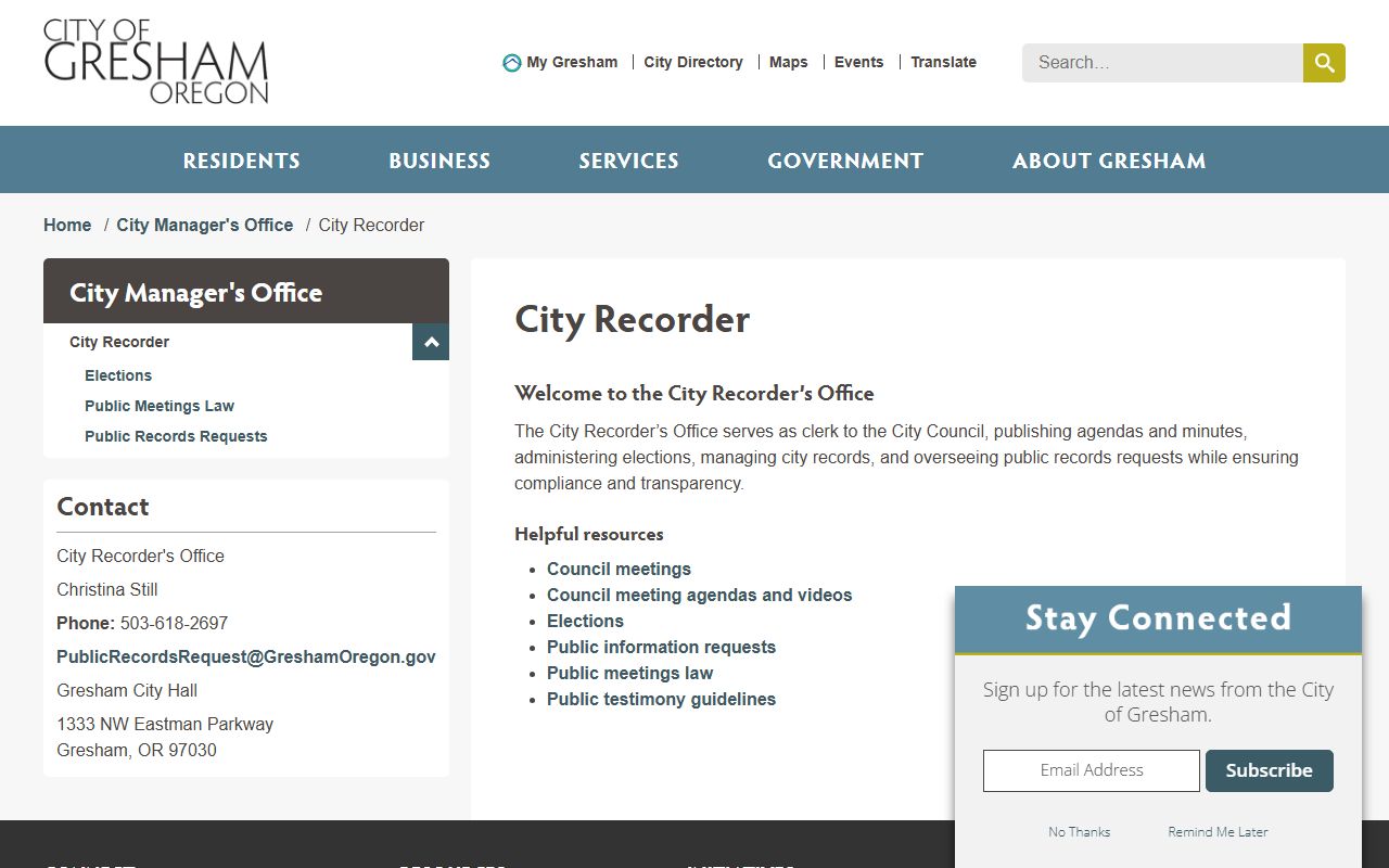 Gresham City Recorder office public records