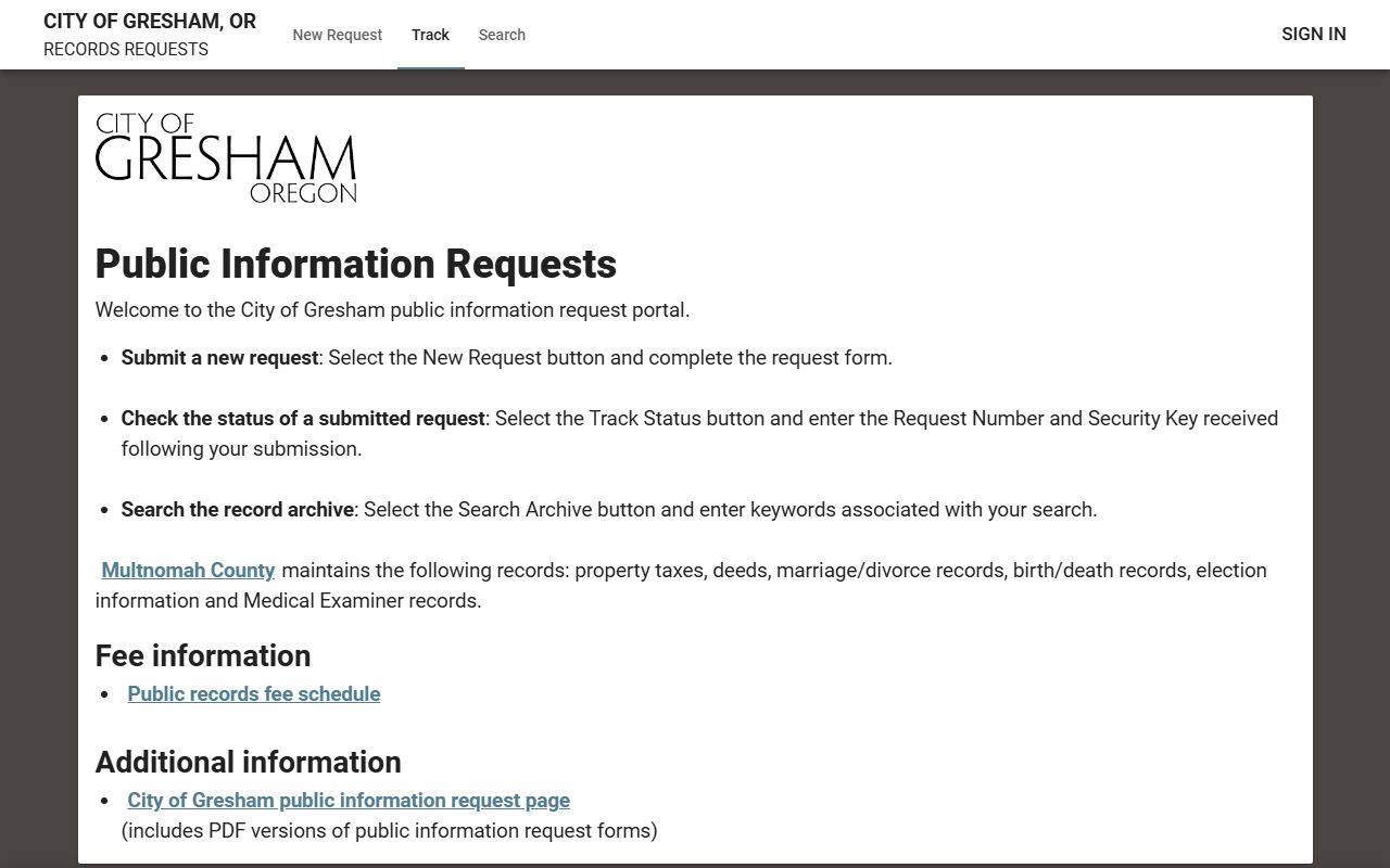 Gresham JustFOIA public portal for records requests