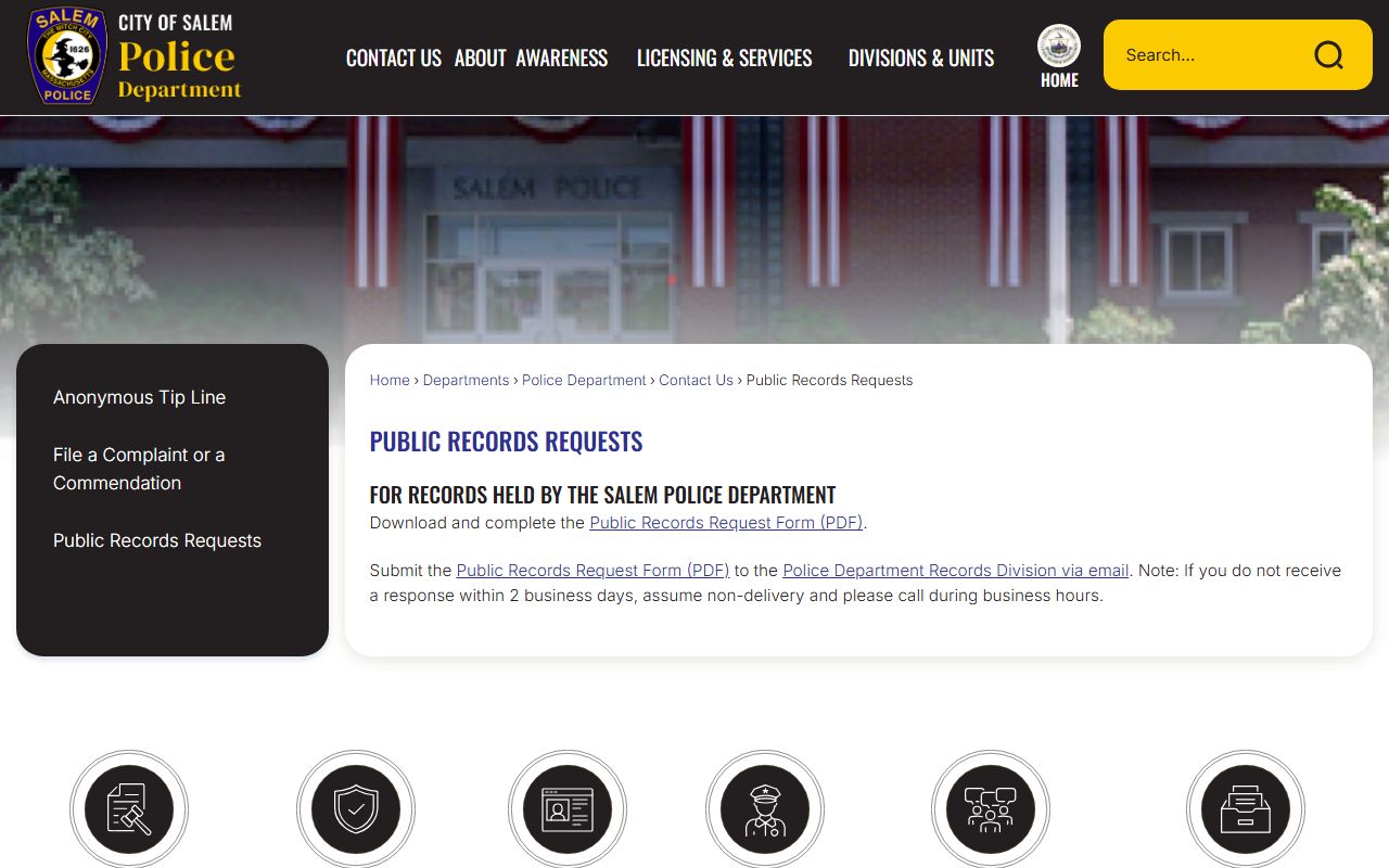 Salem Police Department public records request page