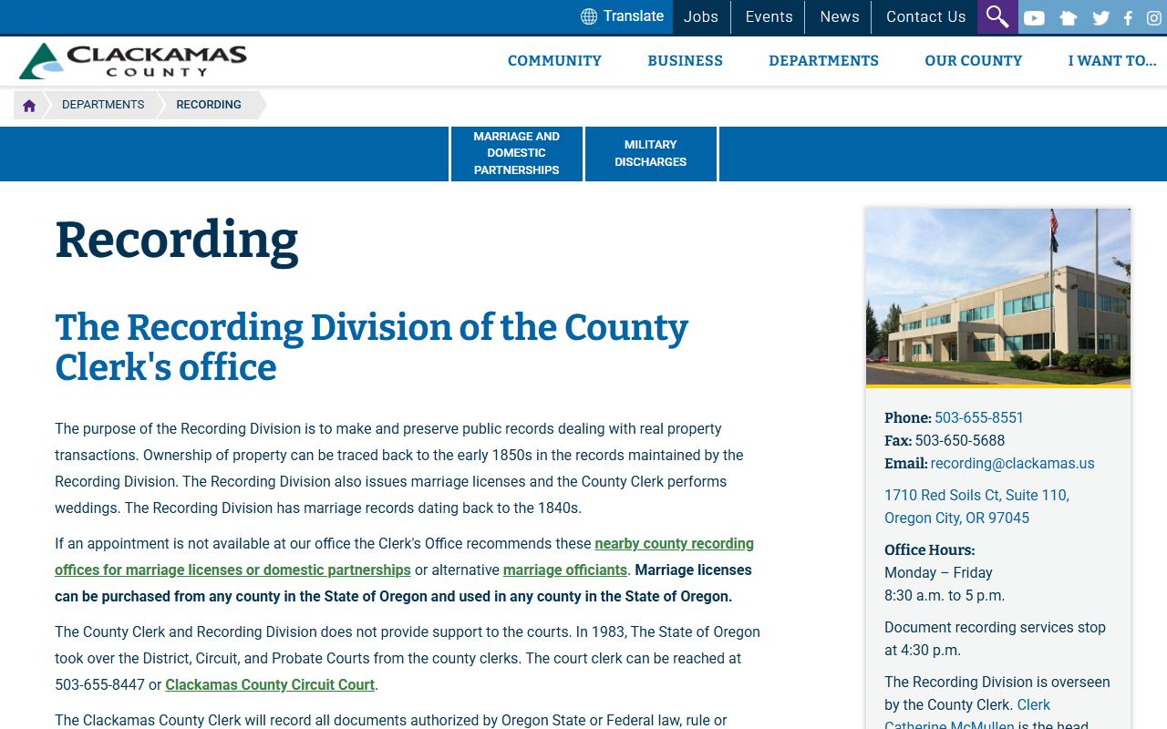 Clackamas County public records Recording Division page