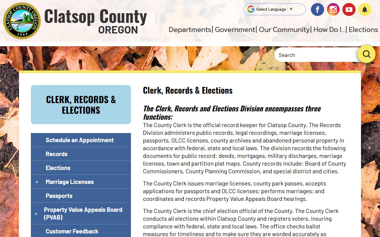 Clatsop County public records Clerk and Recorder office page