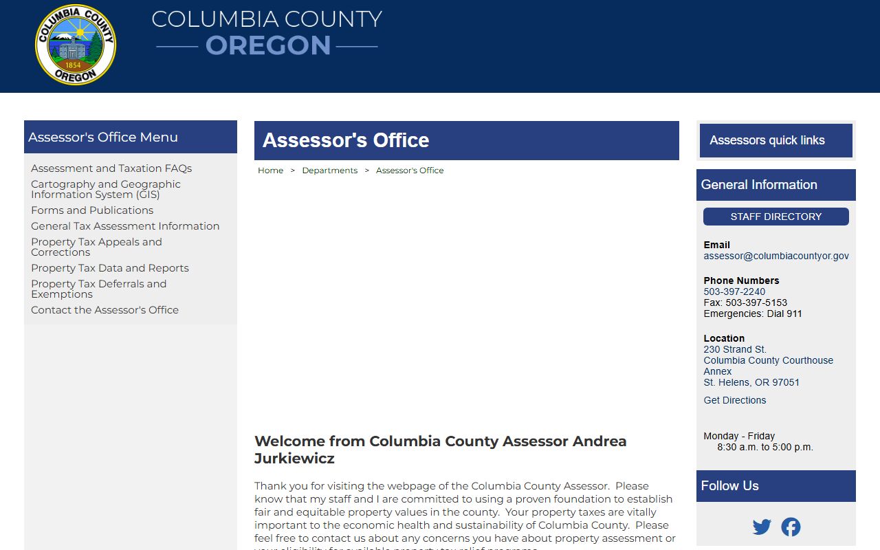 Columbia County public records Assessor office page