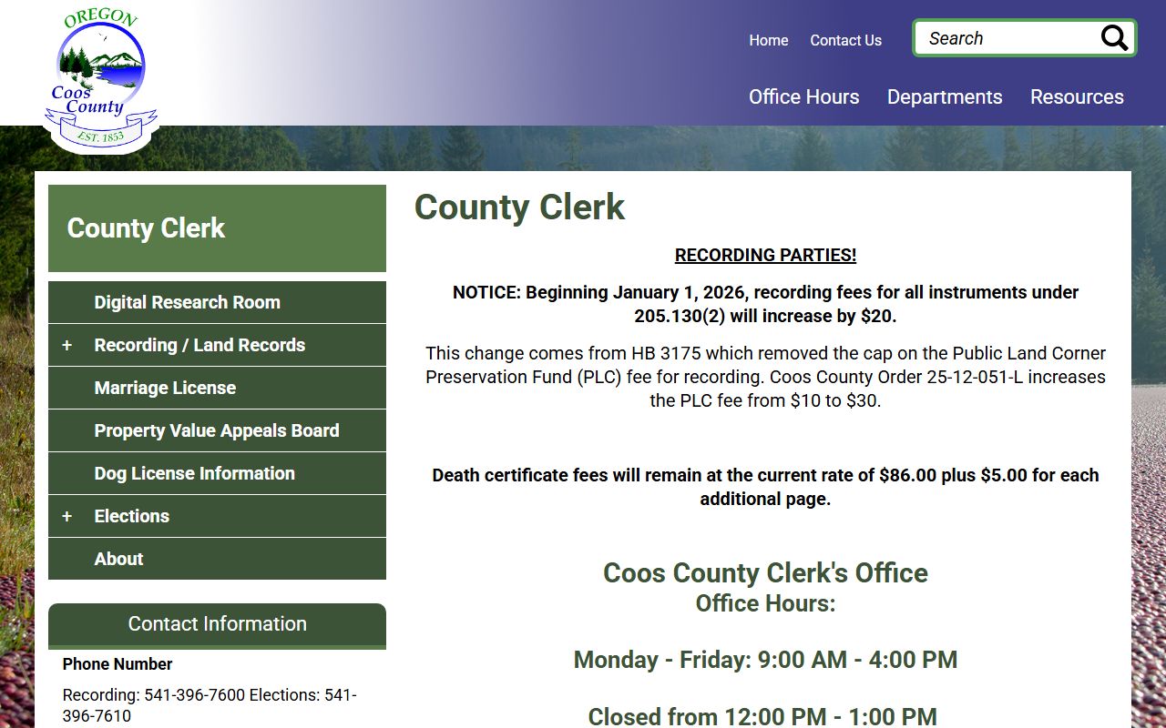 Coos County public records Clerk and Recorder office page