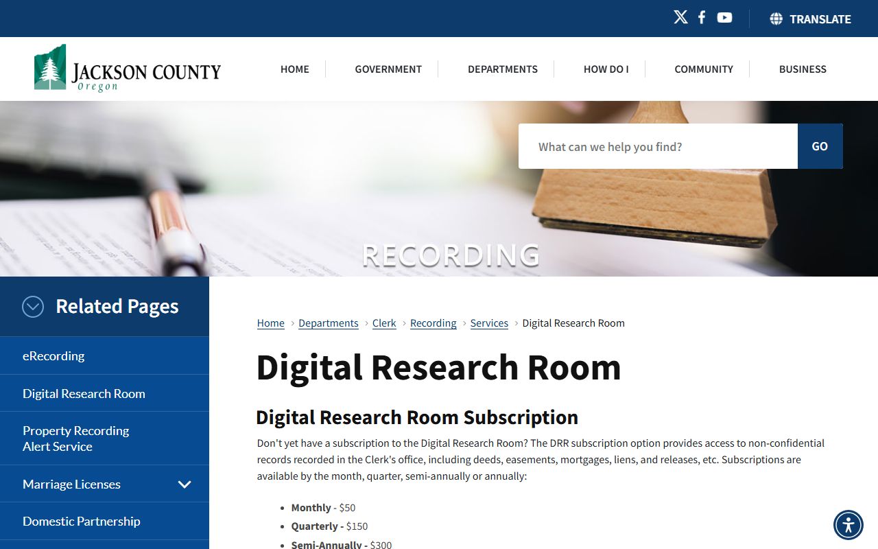 Jackson County Digital Research Room for searching public records