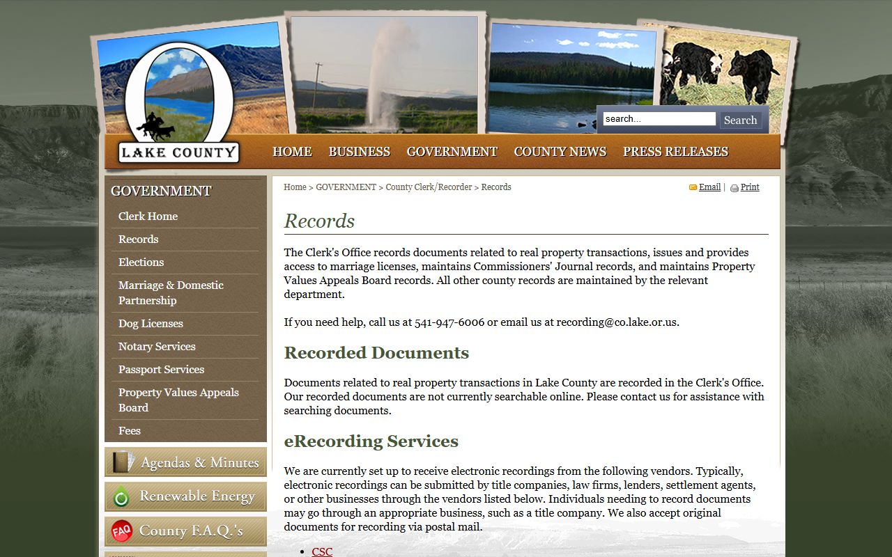 Lake County Clerk Recorder office for public records