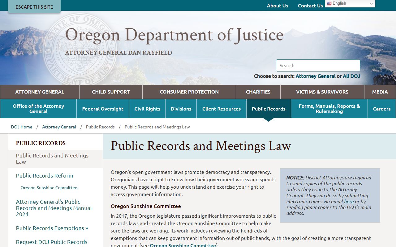 Oregon Attorney General public records resources page