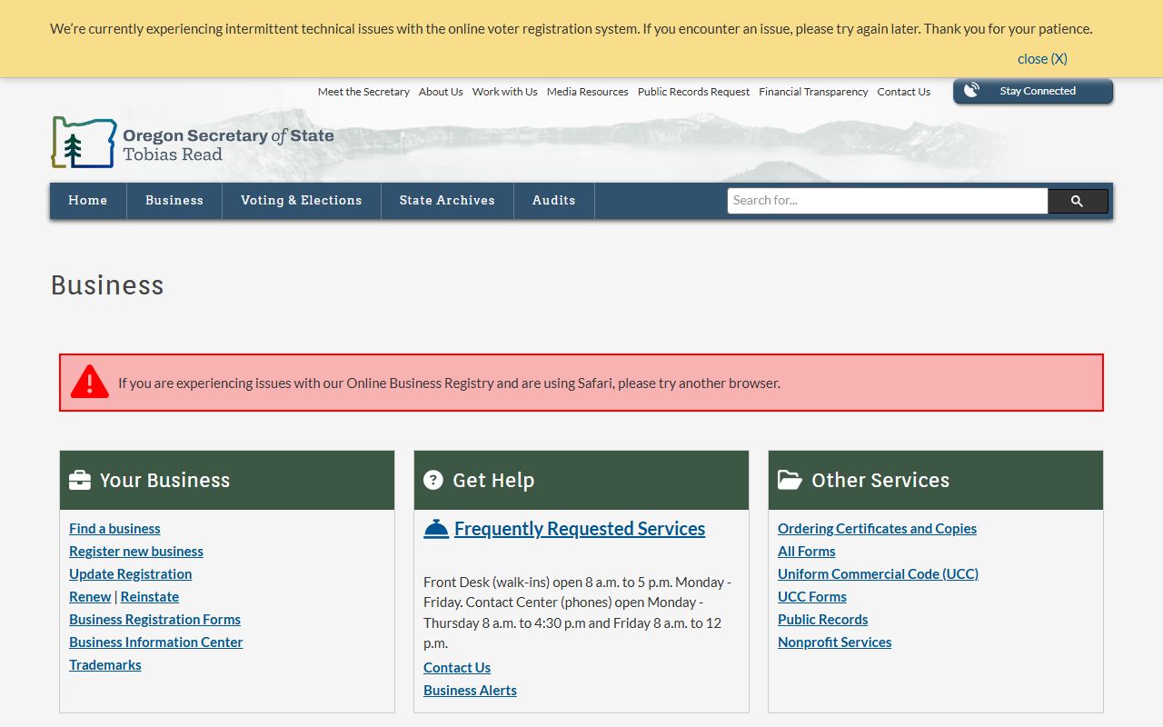 Oregon Secretary of State business registry search page