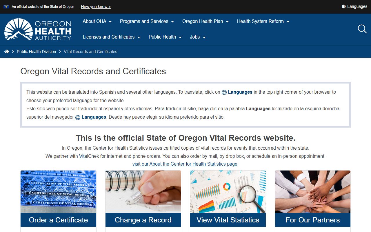 Oregon vital records birth and death certificate ordering